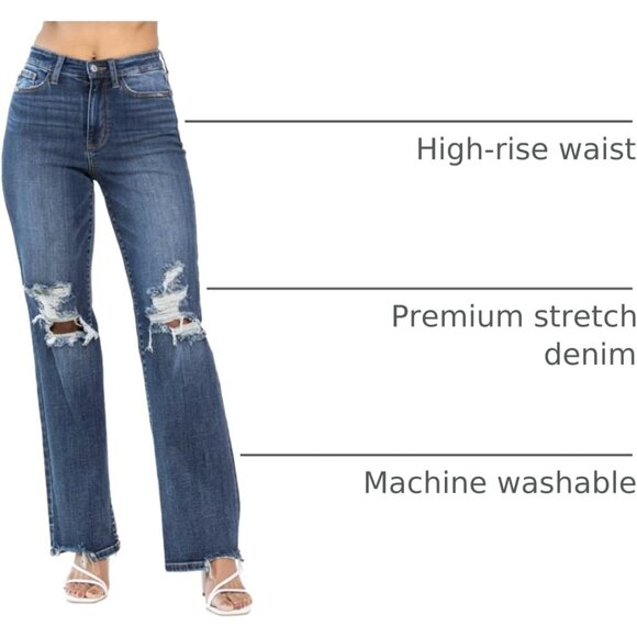 Women's High-Rise Straight Leg Ripped Denim Jeans Plus Size Dark Blue - Picture 4 of 7